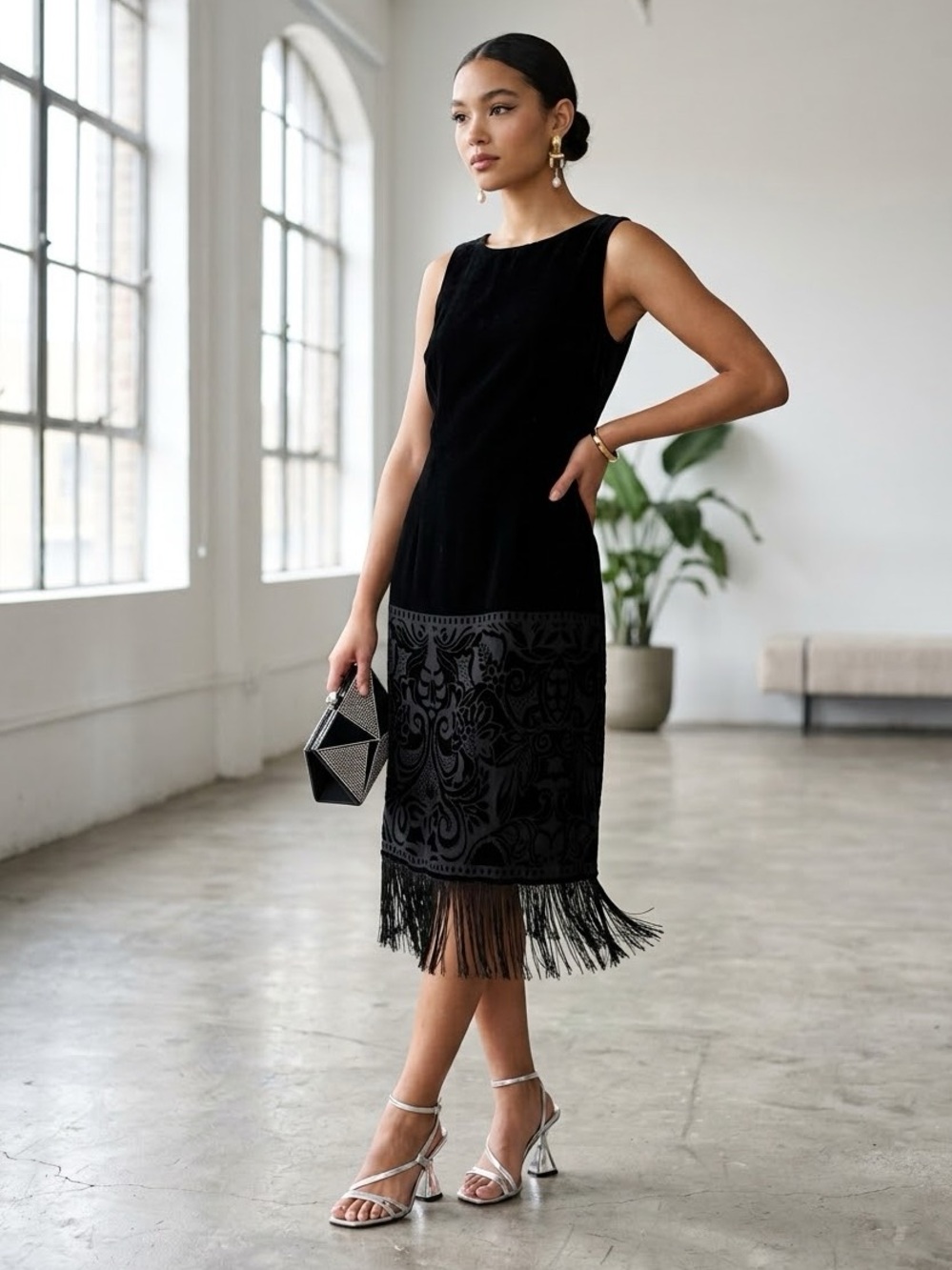 Vintage 90s Caroll Paris Black Beaded Velvet Fringe Midi Dress - US 4 (36)